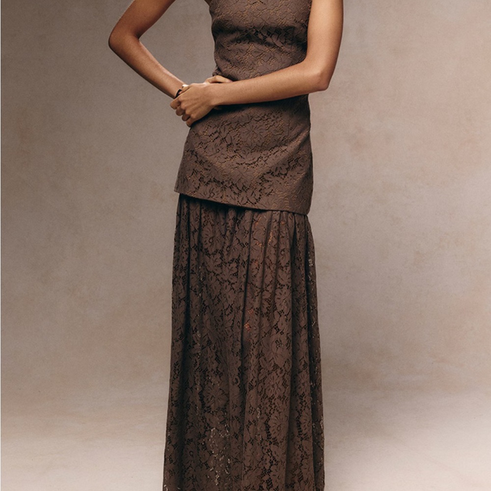 PrettyLittleThing Brown Lace Maxi Dress